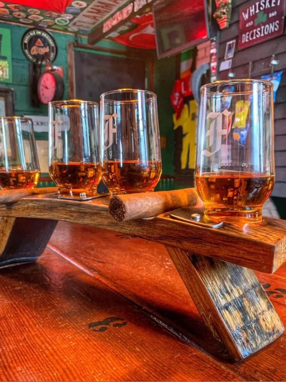 Whiskey Flight Tasting Set with Wooden Paddle - Amber Glasses